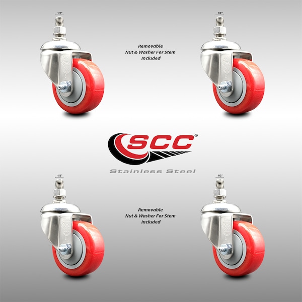 3 Inch 316SS Red Polyurethane Wheel Swivel Â½ Inch Threaded Stem Caster Set SCC